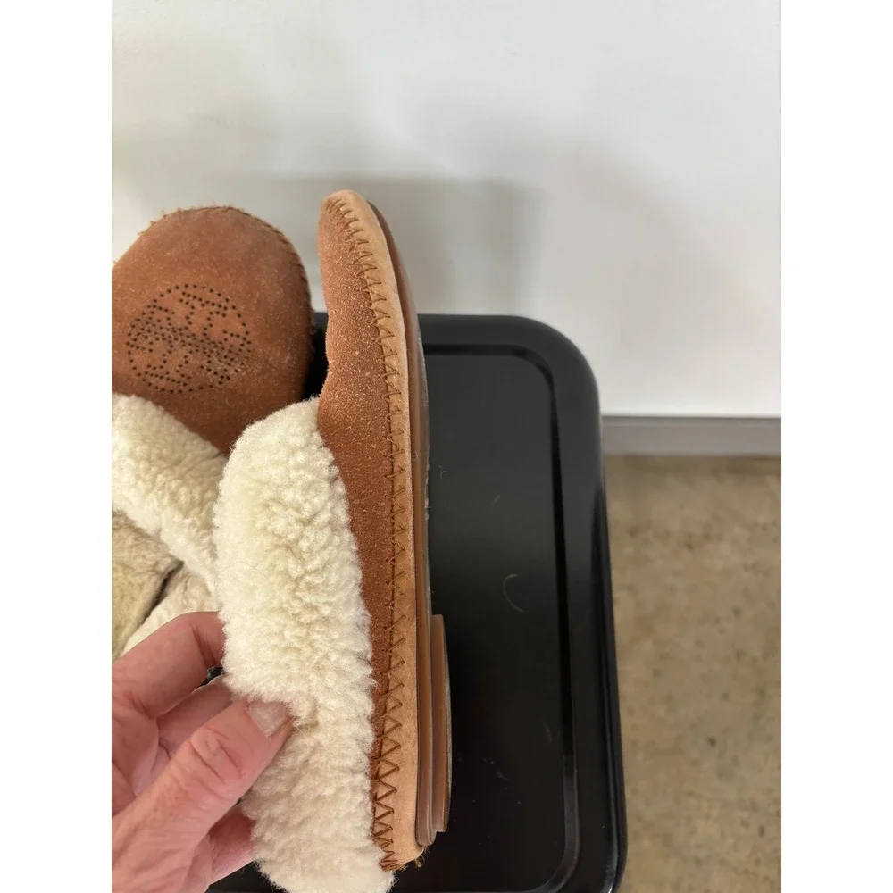 Tory Burch Tan Suede Shearling Lined Logo Moccasin Slippers Mules Womens 9.5in